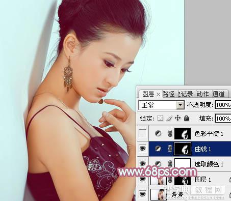 Photoshop为背靠墙壁的美女加上暖暖的淡美青红色11