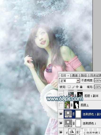 Photoshop为树林美女图片调制出唯美的淡蓝色云彩效果16