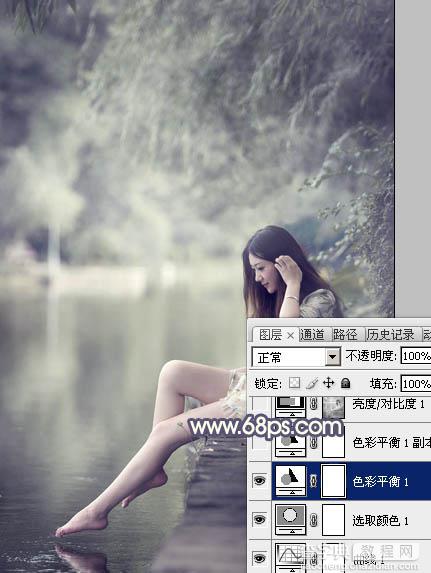 Photoshop为河边美女图片打造古典粉蓝色17