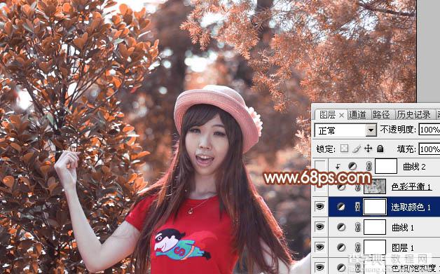 Photoshop打造唯美的橙红色树林人物图片15