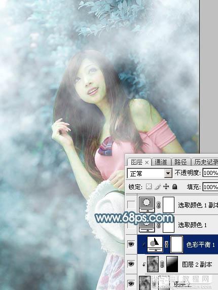 Photoshop为树林美女图片调制出唯美的淡蓝色云彩效果10