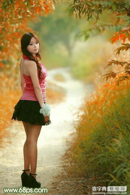 Photoshop将小树林中的美女调制出浓厚的橙绿色2