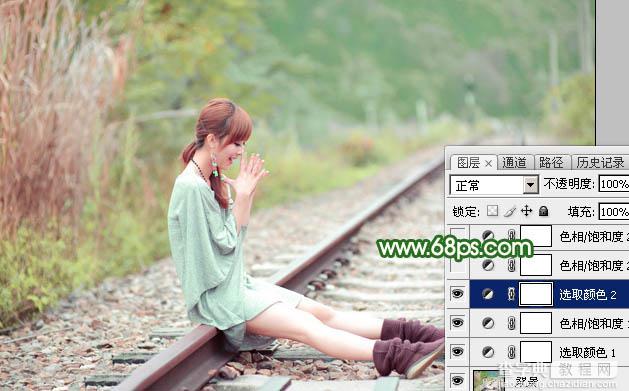Photoshop为坐在铁轨的美女加上甜美的淡调粉绿色18