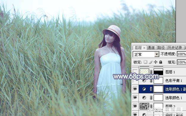 Photoshop将芦草中的美女图片打造唯美的粉调青蓝色20