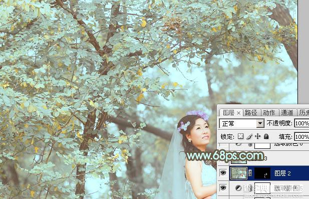 Photoshop为绿树下的情侣加上柔美的青绿色29