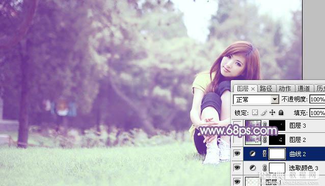 Photoshop将树林旁边草地上的美女图片增加柔和的绿紫色25