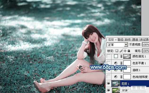 photoshop利用通道替换打造唯美的青蓝色草地美女图片3