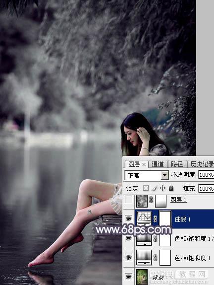 Photoshop将湖景美女图片打造出个性的中性暗蓝色8