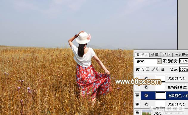 Photoshop给田野中的美女调制出流行的秋季青红色5