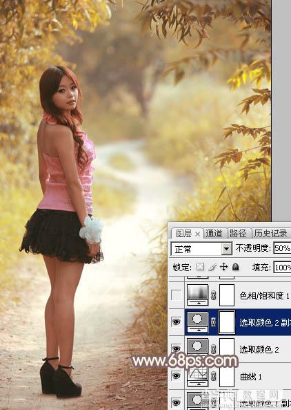 Photoshop调制出漂亮的红褐色树林人物图片20