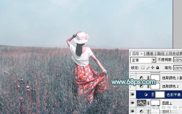 Photoshop为花丛中的美女图片打造柔美的中性淡青色18