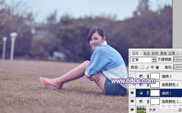 Photoshop为偏暗的草地美女图片加上柔美的浅蓝色调11