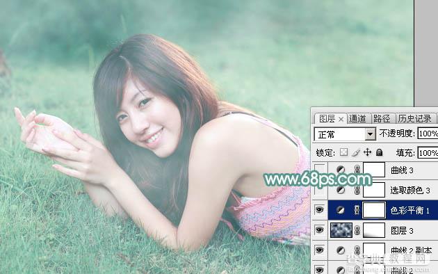 Photoshop为趴在草地上的美女打造柔和唯美清爽的青绿色25