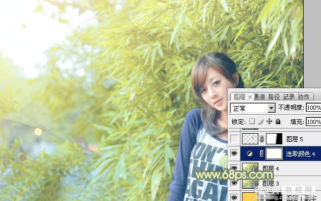 Photoshop为竹林边的美女加上甜美的淡调黄绿色28