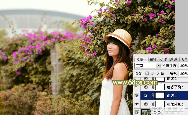 Photoshop将花草围墙边的美女图片调制柔和的韩系黄褐色9