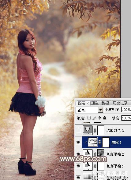 Photoshop调制出漂亮的红褐色树林人物图片34