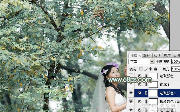 Photoshop为绿树下的情侣加上柔美的青绿色8