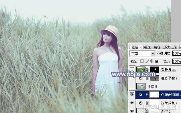 Photoshop将芦草中的美女图片打造唯美的粉调青蓝色32