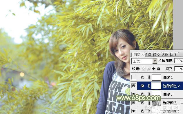 Photoshop为竹林边的美女加上甜美的淡调黄绿色15