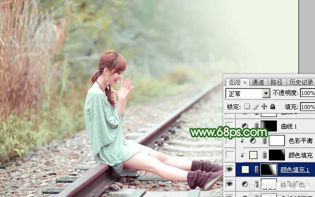 Photoshop为坐在铁轨的美女加上甜美的淡调粉绿色27