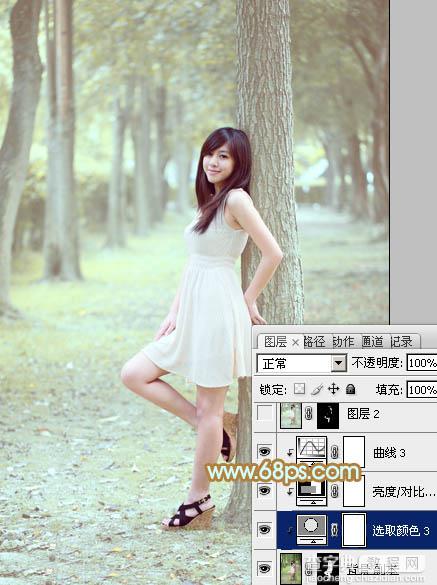 Photoshop将树林美女图片调制出柔和淡雅的黄绿色33