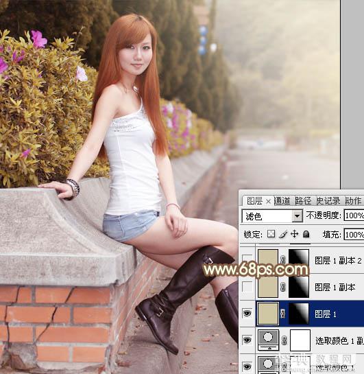 Photoshop将花坛边的美女加上漂亮的秋季暖褐色8