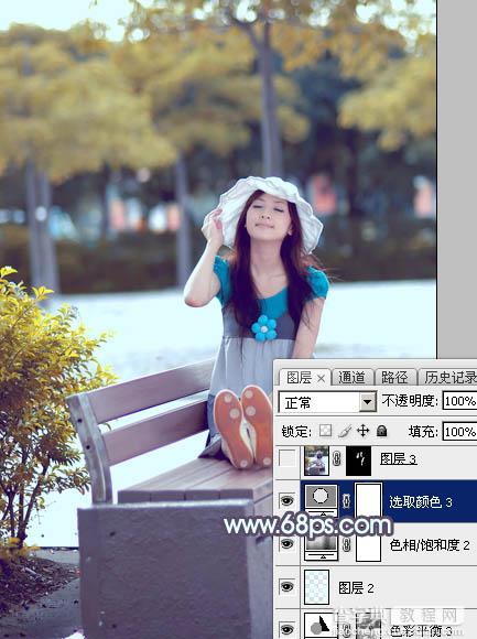 Photoshop给公园长凳上的美女调制出秋季蓝黄色30