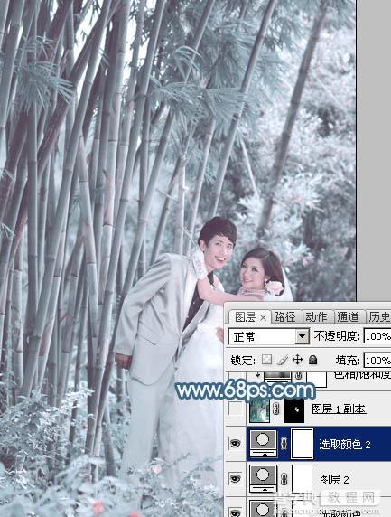 Photoshop为竹林婚片调制出梦幻复古的淡调青蓝色17