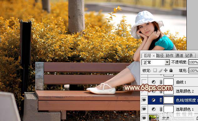 Photoshop为长凳上的美女打造出柔美的秋季红褐色7