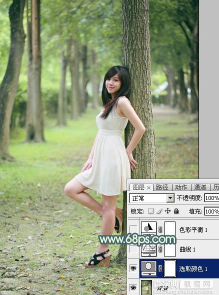 Photoshop为树林美女图片打造出柔和的青黄色8