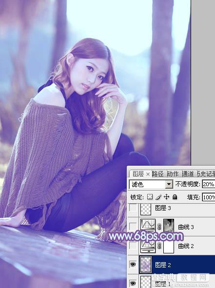 Photoshop将树林中的美女图片增加柔和的冷色(蓝紫色)19
