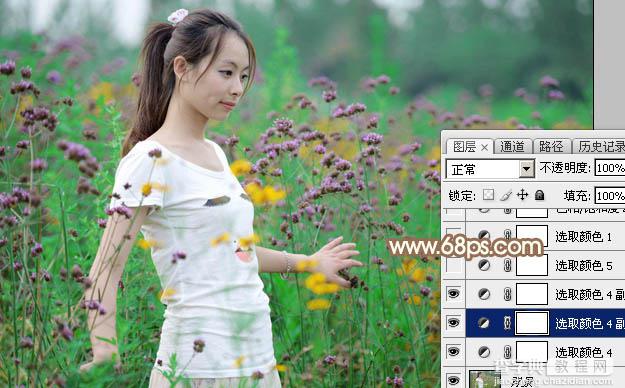 Photoshop为花丛中的美女加上甜美的淡粉色5