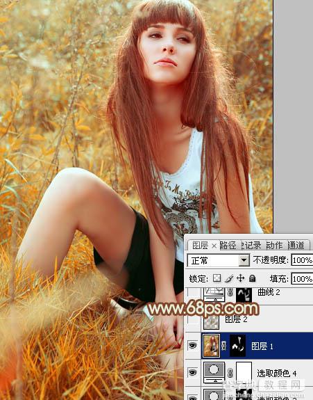 Photoshop将坐草地的美女增加上秋季橙色调32
