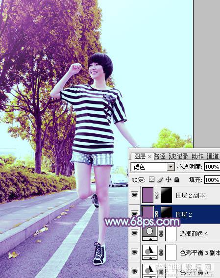 Photoshop将公路上的美女调制出清爽的紫绿色效果36