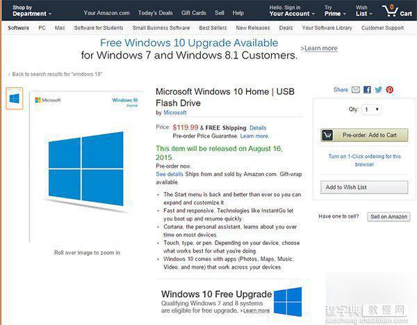 U盘版Win10家庭版和专业版在美国亚马逊开启预订:家庭版120美元1