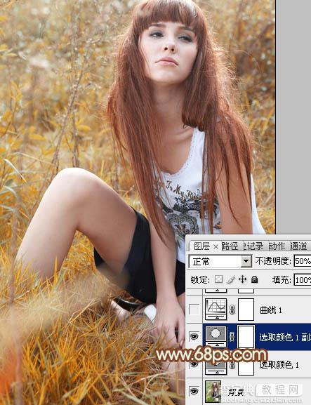 Photoshop将坐草地的美女增加上秋季橙色调6