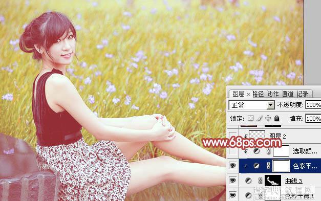 Photoshop为草地上的美女加上小清新的粉黄色29
