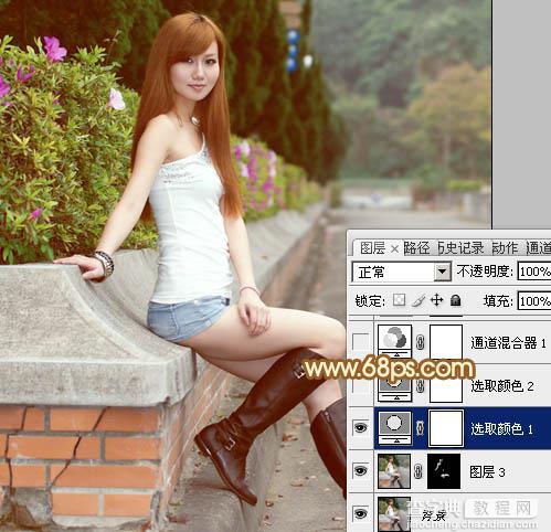 Photoshop为花坛边美女调制出非常柔和的阳光暖色效果9