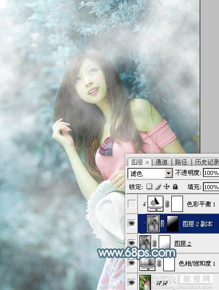 Photoshop为树林美女图片调制出唯美的淡蓝色云彩效果7