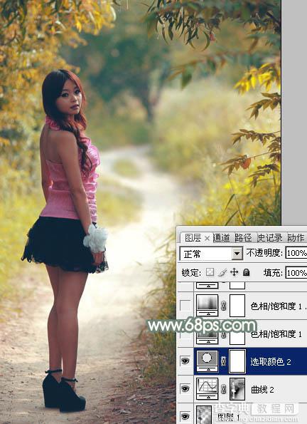 Photoshop为树林中的红衣美女加上漂亮的秋季色22