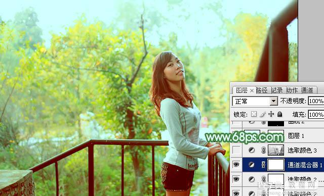 Photoshop为绿树中的美女加上清爽甜美的青绿色效果23