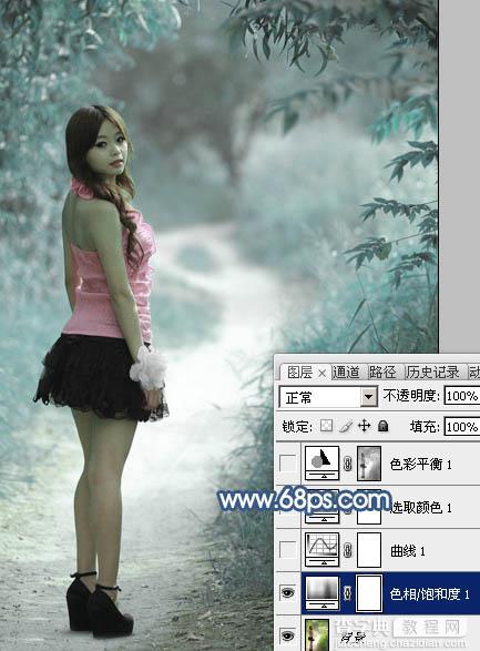 Photoshop为树景美女图片打造梦幻的冷调青蓝色6