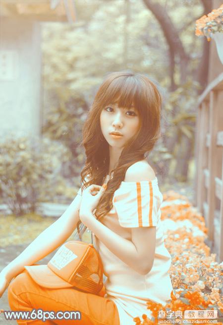 Photoshop将花坛边的美女调制出柔美的古典黄褐色效果2