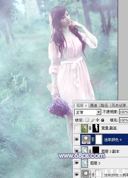 Photoshop给树林中的美女加上梦幻的青蓝色30