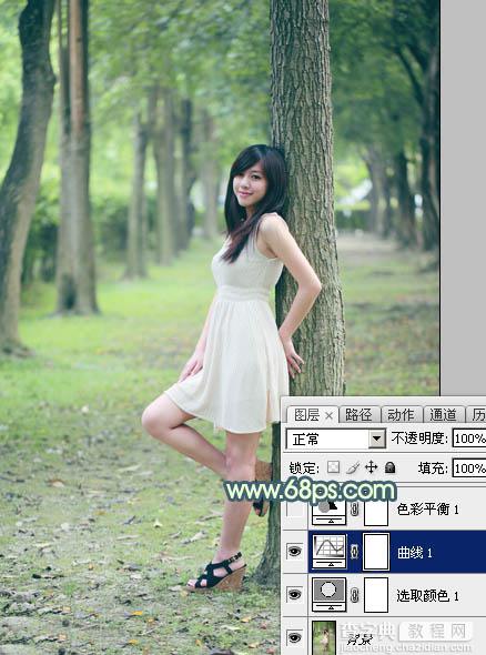 Photoshop为树林美女图片打造出柔和的青黄色10