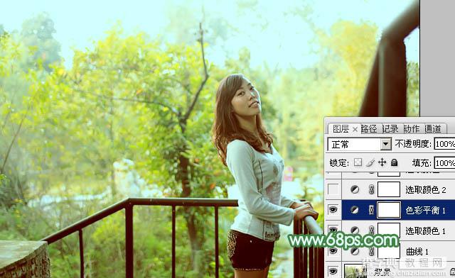 Photoshop为绿树中的美女加上清爽甜美的青绿色效果16