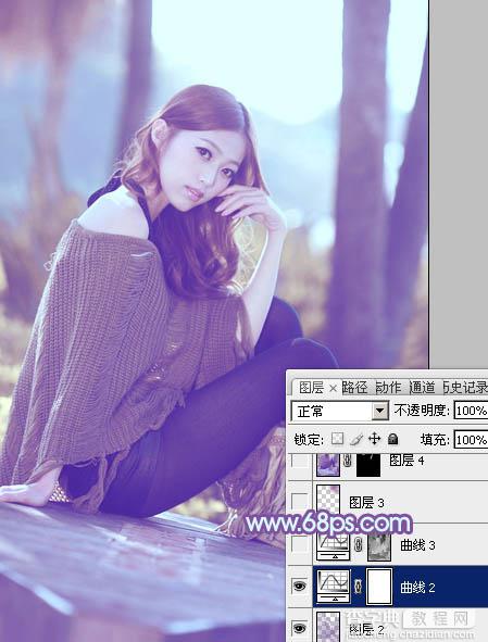 Photoshop将树林中的美女图片增加柔和的冷色(蓝紫色)21
