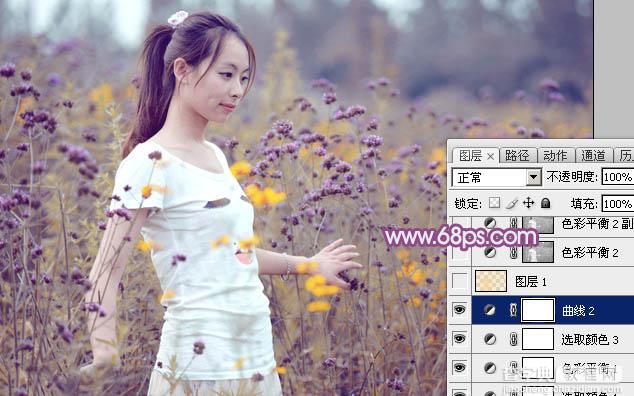Photoshop为站在野花从中的美女调制出柔美的淡紫色26