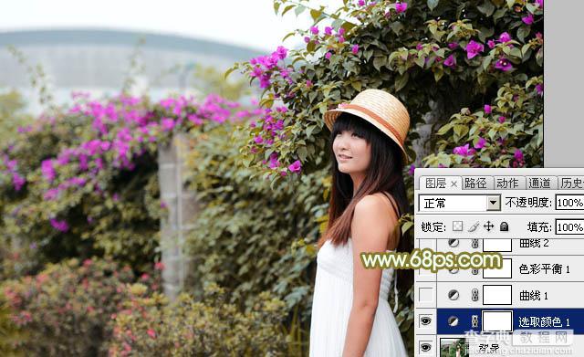 Photoshop将花草围墙边的美女图片调制柔和的韩系黄褐色6