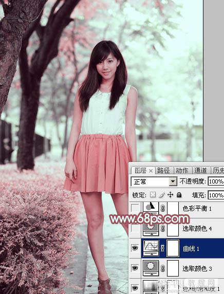 Photoshop为树下的美女图片调制出甜美的粉调青红色20